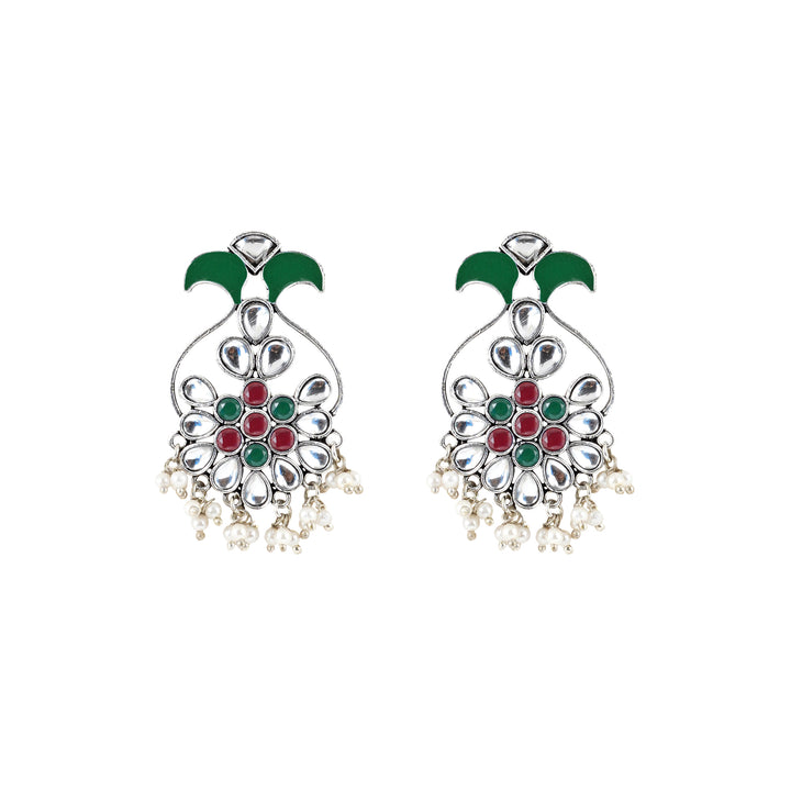 Teejh Sunehri Green Red Silver Oxidised Earring