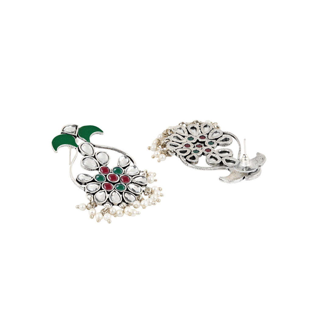 Teejh Sunehri Green Red Silver Oxidised Earring