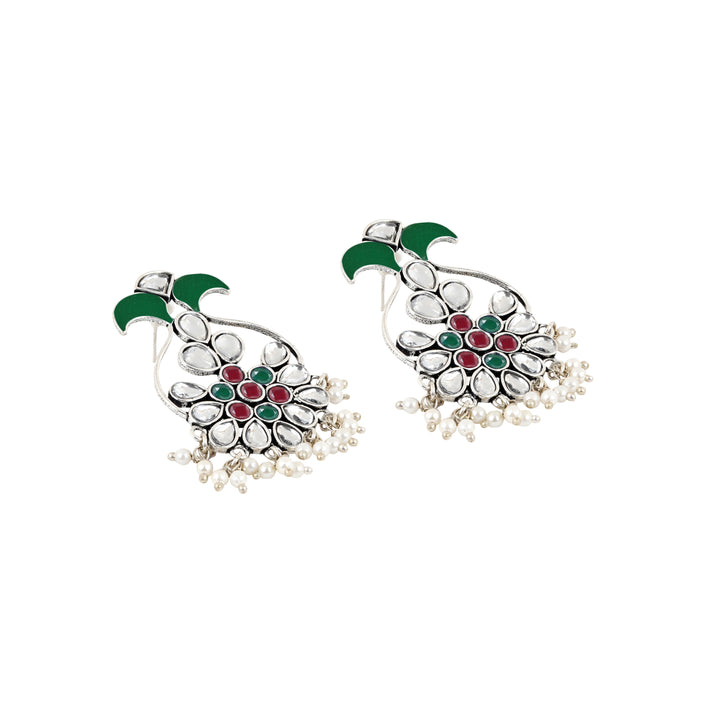 Teejh Sunehri Green Red Silver Oxidised Earring