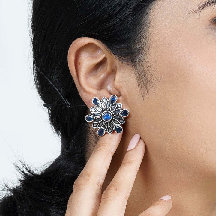 Teejh Aashini Blue Stone Silver Oxidised Earring