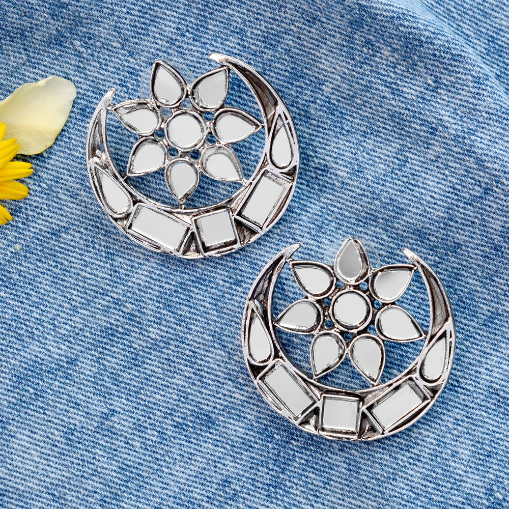Manth Silver Oxidized Mirror Earrings - Teejh
