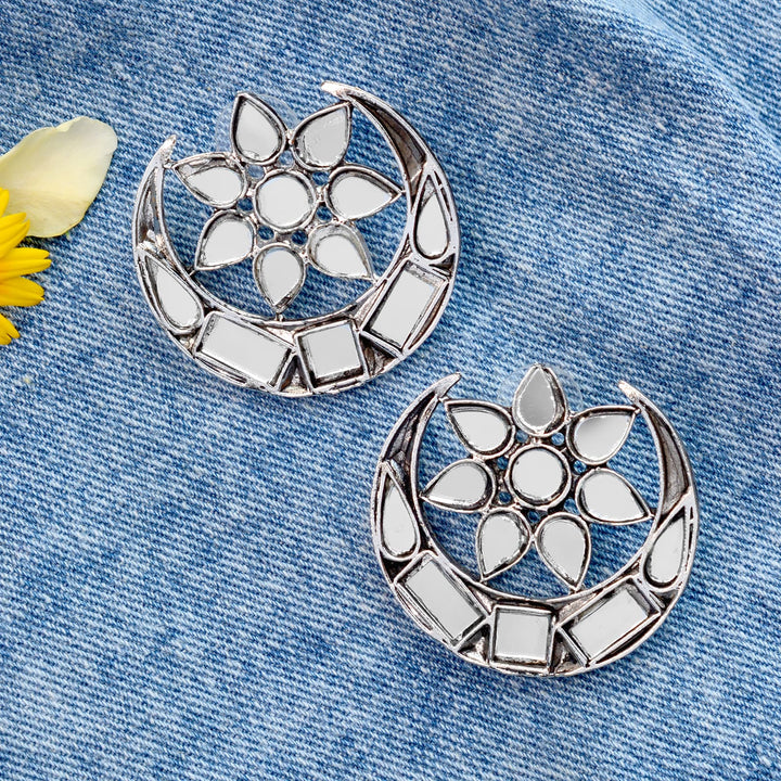 Manth Silver Oxidized Mirror Earrings - Teejh