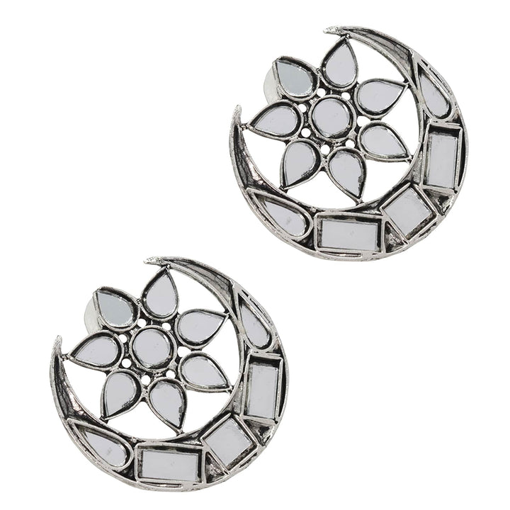 Manth Silver Oxidized Mirror Earrings - Teejh