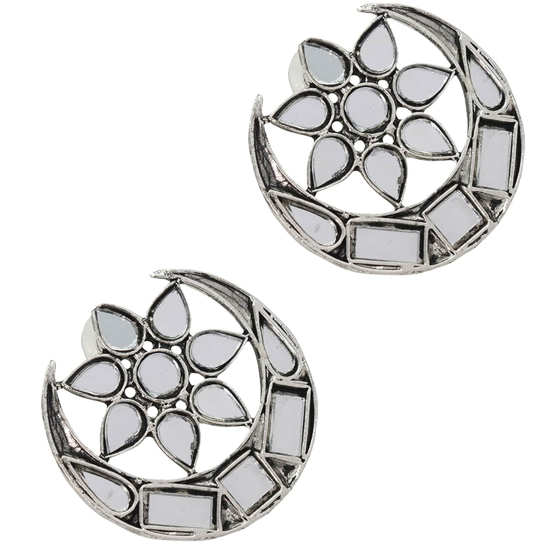 Manth Silver Oxidized Mirror Earrings - Teejh