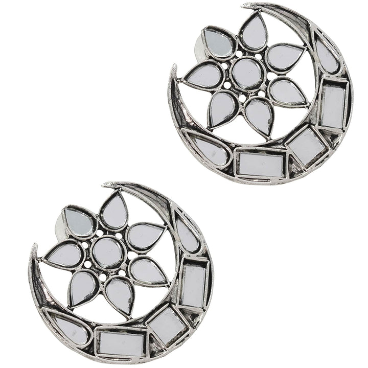 Manth Silver Oxidized Mirror Earrings - Teejh