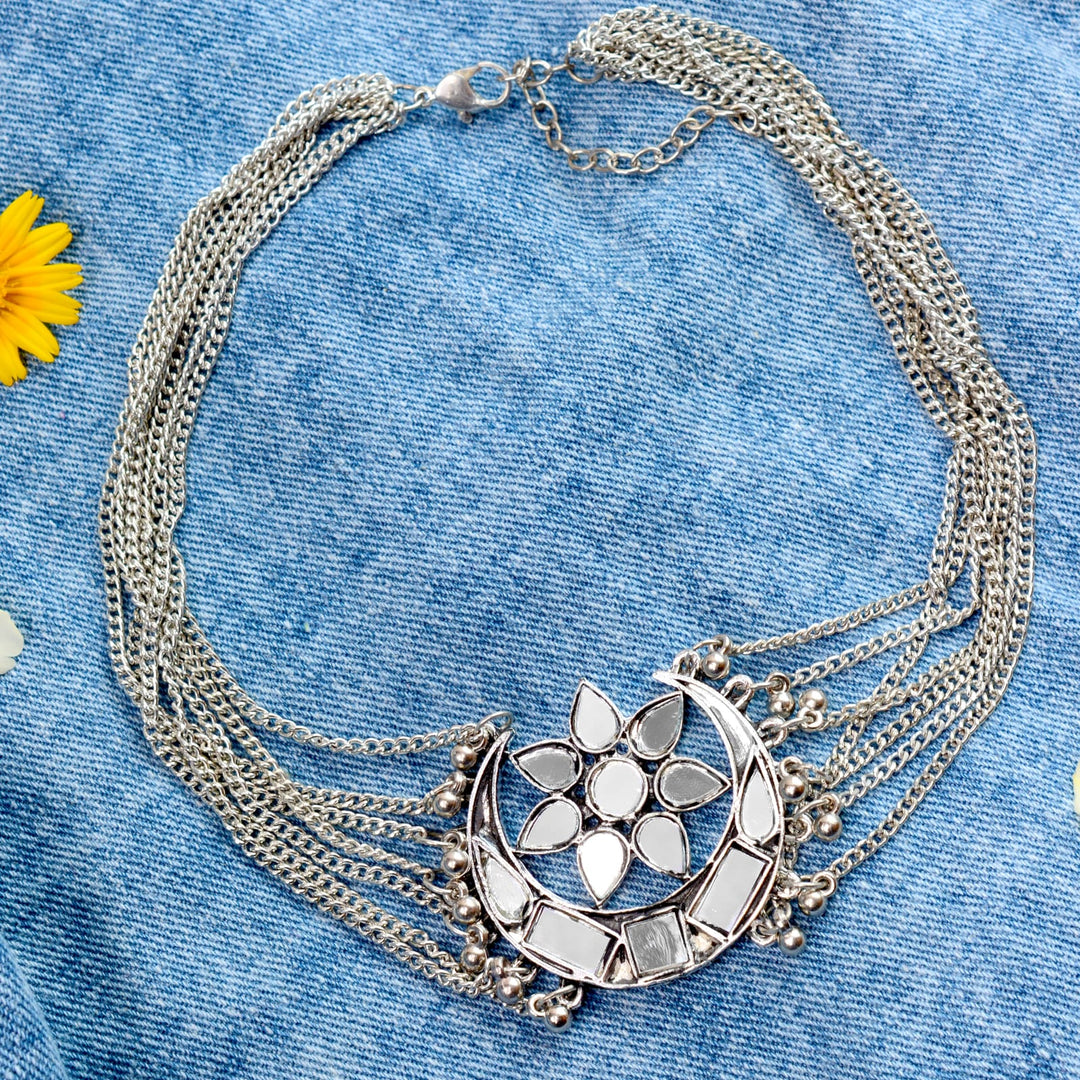 Palak Silver Oxidized Mirror Necklace - Teejh
