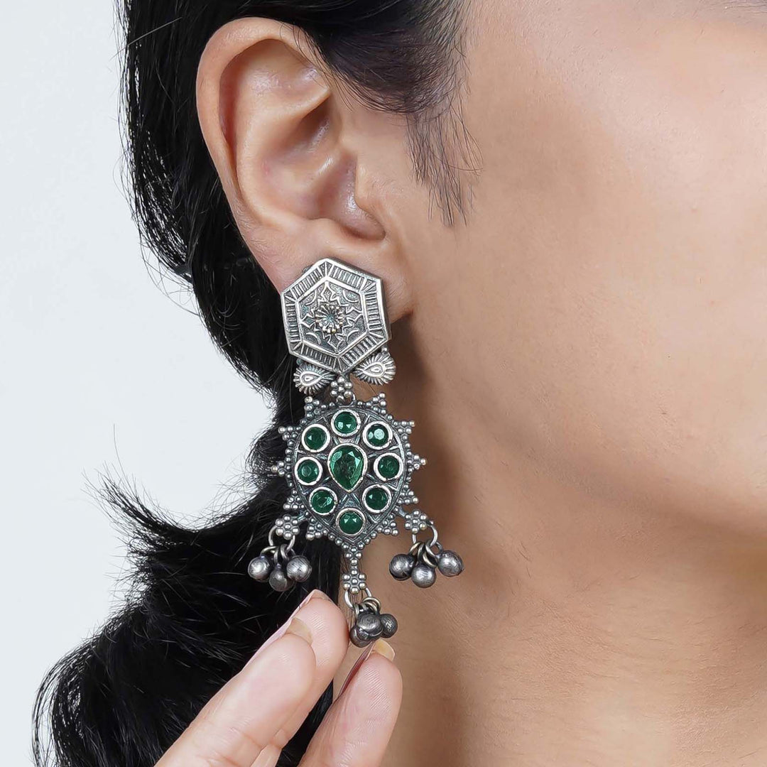 Teejh Prisha Green Silver Oxidised Earrings