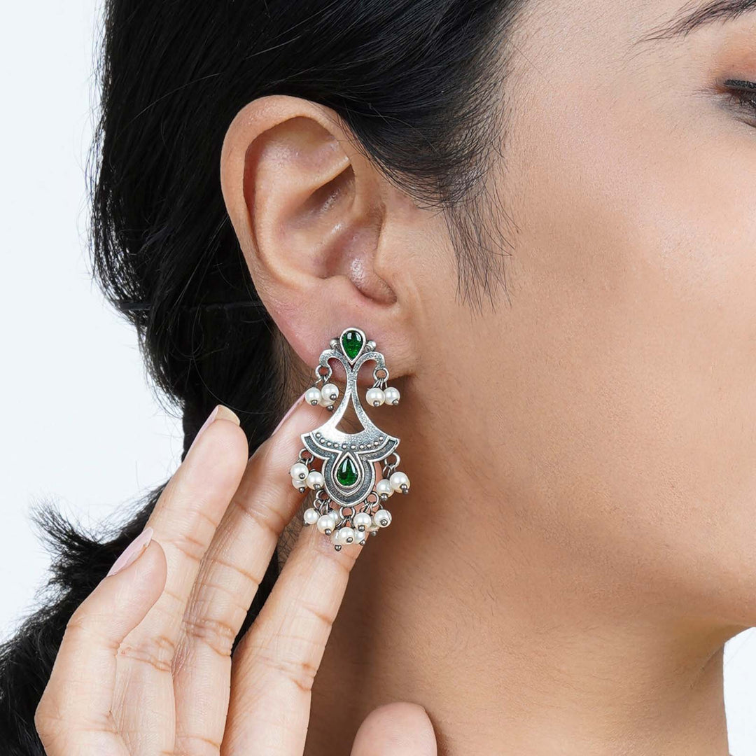 Teejh Nilay Green Stone Silver Oxidised Earring