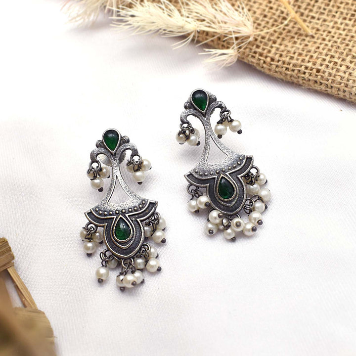 Teejh Nilay Green Stone Silver Oxidised Earring