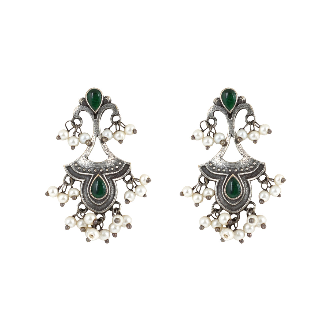 Teejh Nilay Green Stone Silver Oxidised Earring