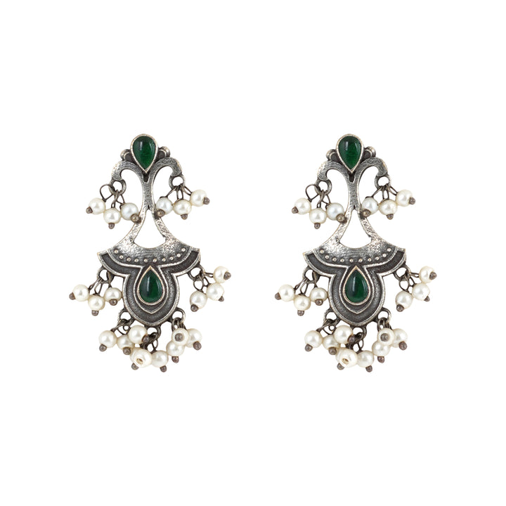 Teejh Nilay Green Stone Silver Oxidised Earring