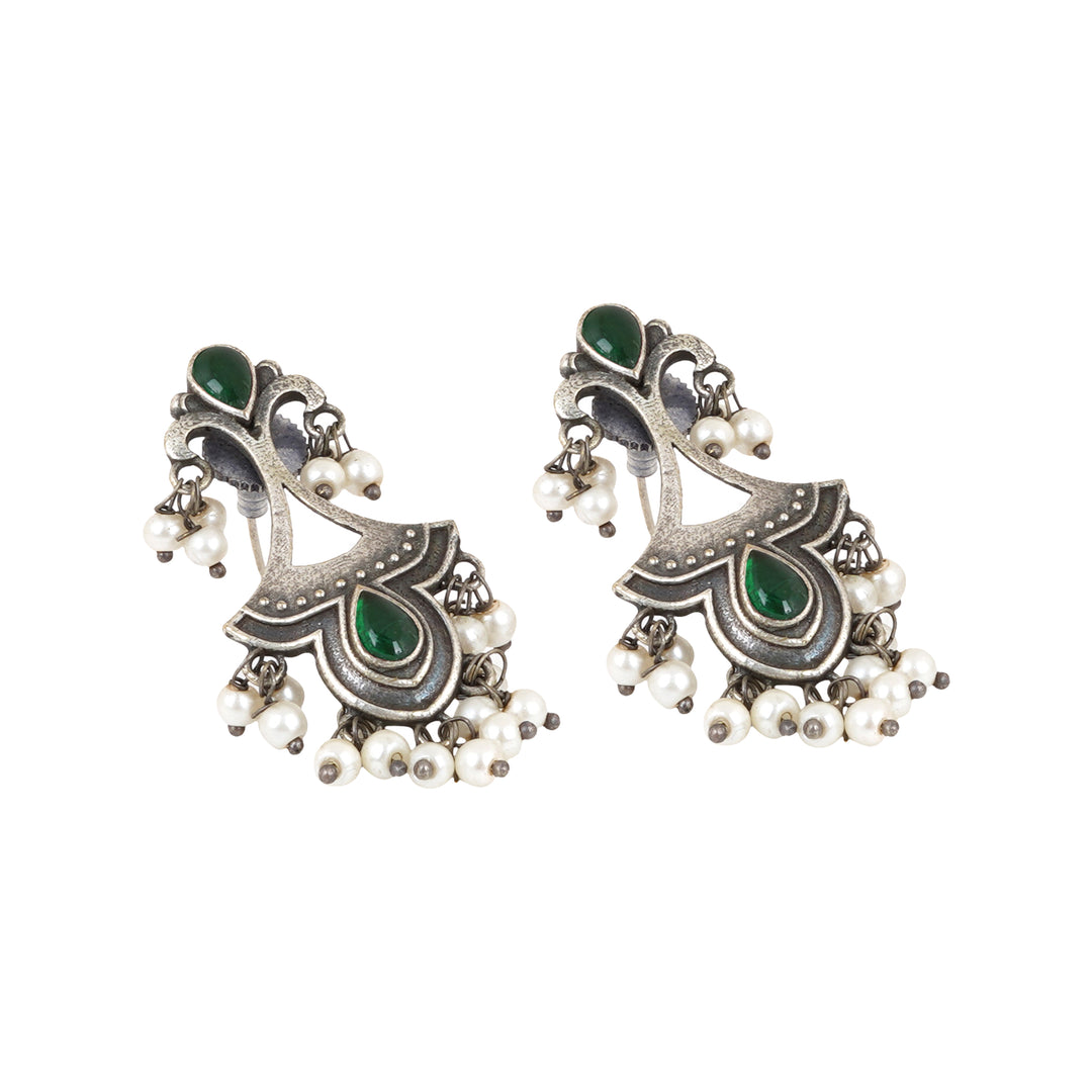 Teejh Nilay Green Stone Silver Oxidised Earring