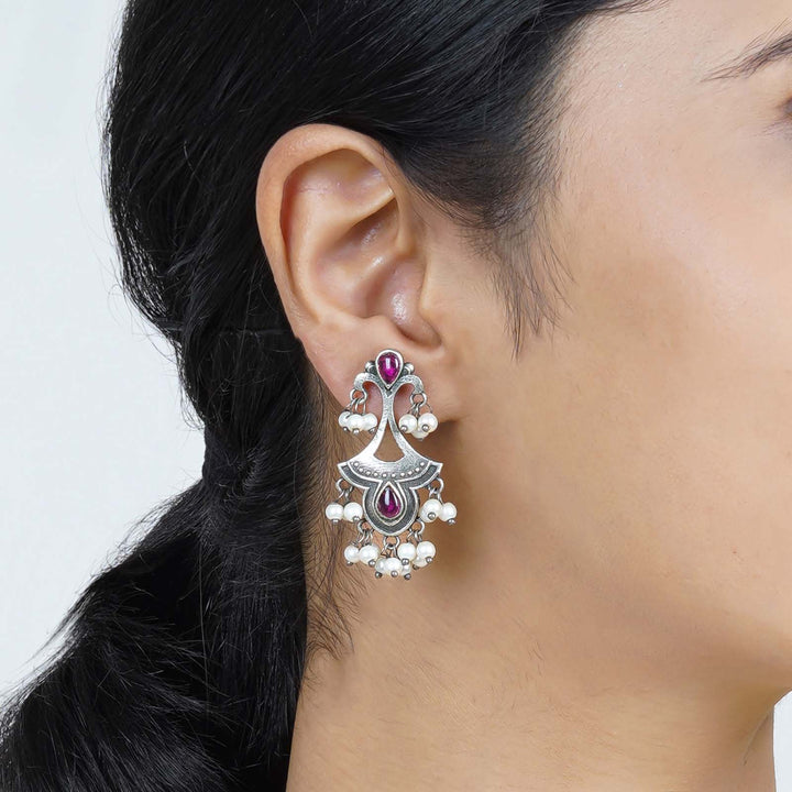 Teejh Nilay Red Stone Silver Oxidised Earring
