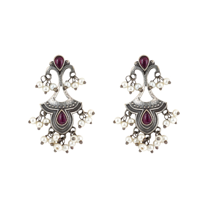 Teejh Nilay Red Stone Silver Oxidised Earring