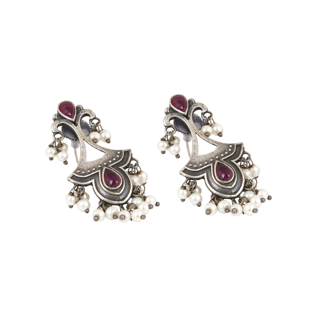 Teejh Nilay Red Stone Silver Oxidised Earring