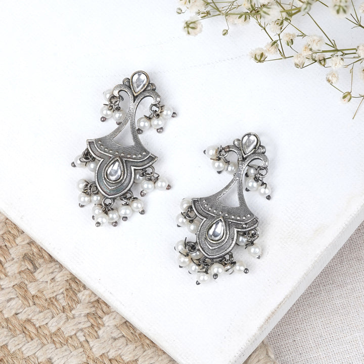 Teejh Nilay White Stone Silver Oxidised Earring