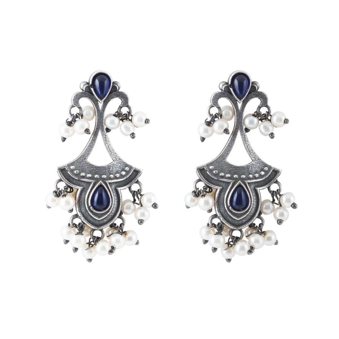 Teejh Nilay Dark Blue Stone Silver Oxidised Earring