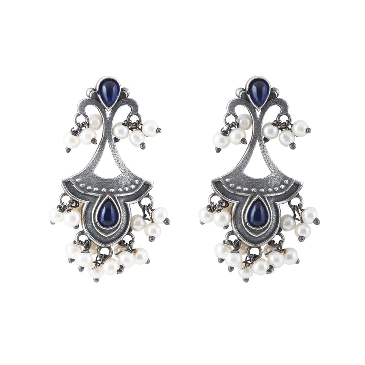 Teejh Nilay Dark Blue Stone Silver Oxidised Earring