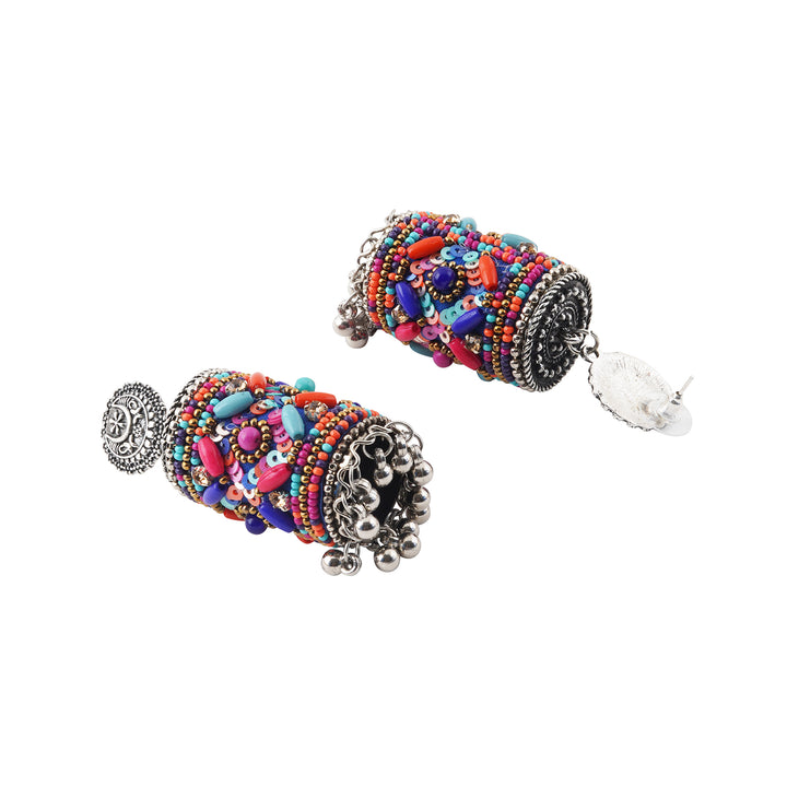 Teejh Ganavi Pink and Orange Stone Silver Oxidised Earring