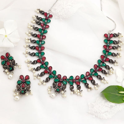 Niranjana Multi colored Silver Oxidized Necklace Set - Teejh