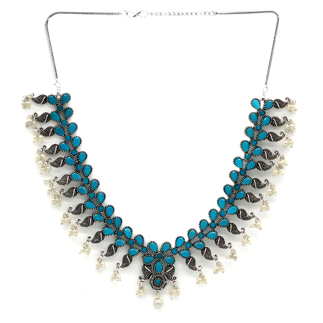 Niranjana Light Blue Stone Silver Oxidized Necklace Set - Teejh