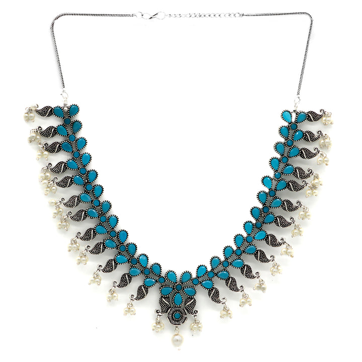 Niranjana Light Blue Stone Silver Oxidized Necklace Set - Teejh