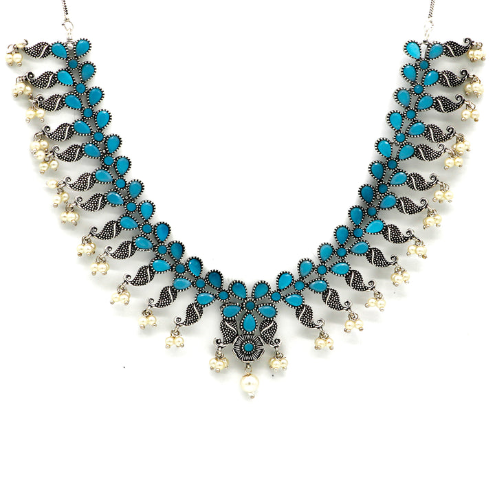 Niranjana Light Blue Stone Silver Oxidized Necklace Set - Teejh