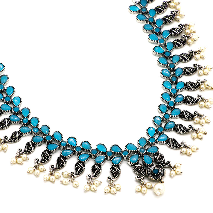 Niranjana Light Blue Stone Silver Oxidized Necklace Set - Teejh