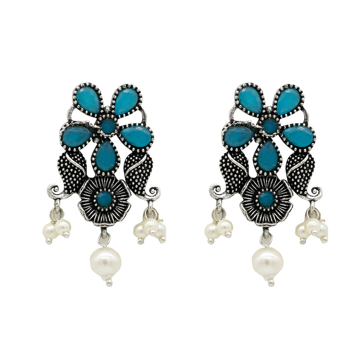 Niranjana Light Blue Stone Silver Oxidized Necklace Set - Teejh