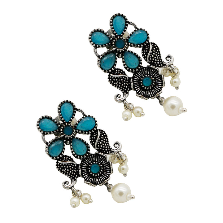 Niranjana Light Blue Stone Silver Oxidized Necklace Set - Teejh