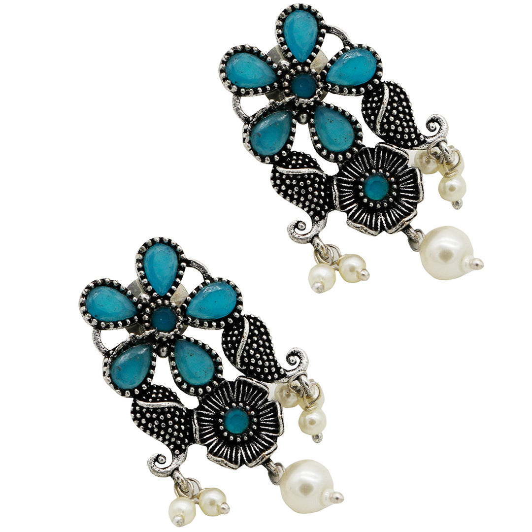 Niranjana Light Blue Stone Silver Oxidized Necklace Set - Teejh