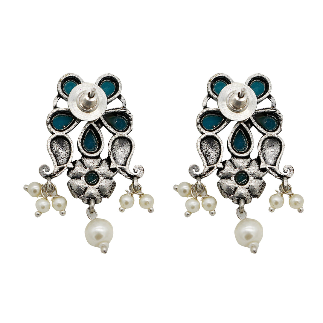 Niranjana Light Blue Stone Silver Oxidized Necklace Set - Teejh