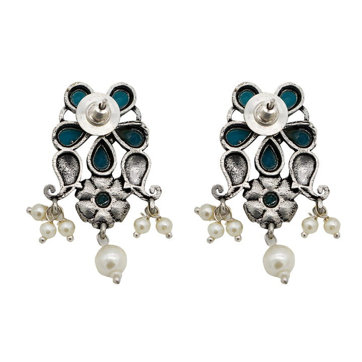 Niranjana Light Blue Stone Silver Oxidized Necklace Set - Teejh