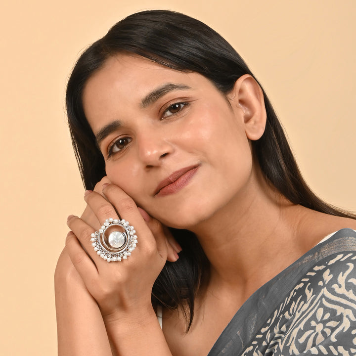 Teejh Aarshati Pearl and Silver Oxidised Ring