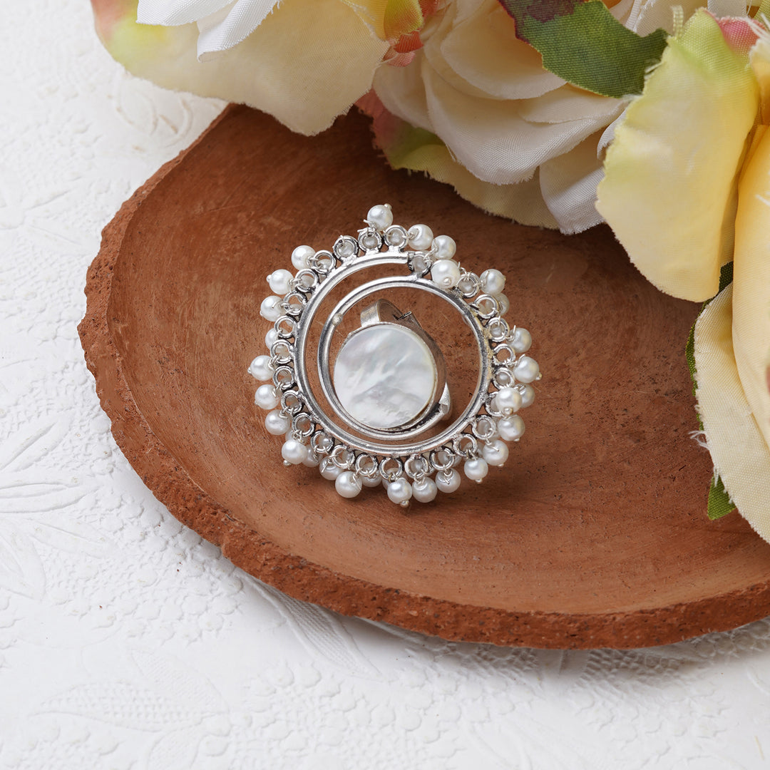 Teejh Aarshati Pearl and Silver Oxidised Ring