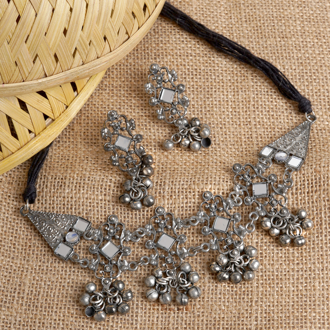 Teejh Gangol Ghungroo Silver Oxidised Necklace Set