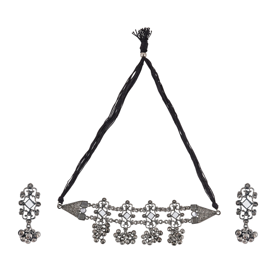 Teejh Gangol Ghungroo Silver Oxidised Necklace Set