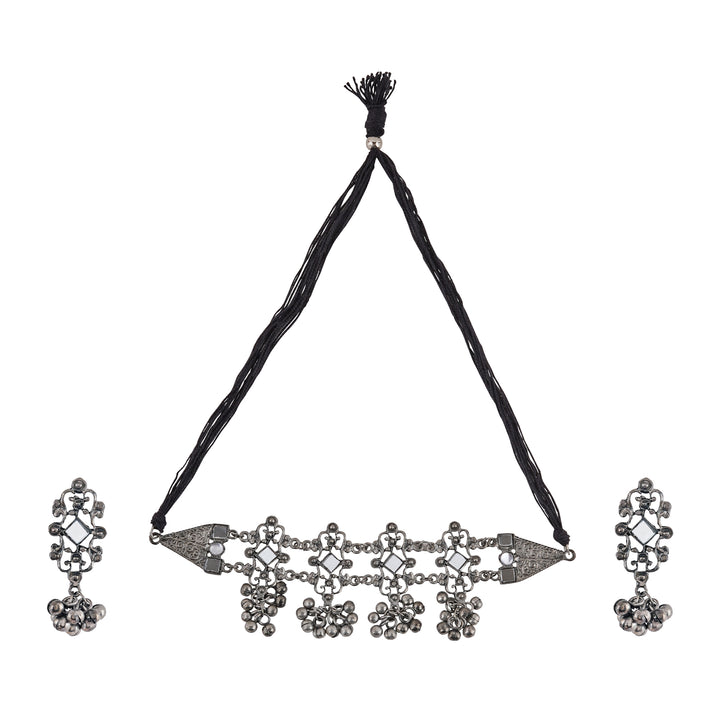 Teejh Gangol Ghungroo Silver Oxidised Necklace Set