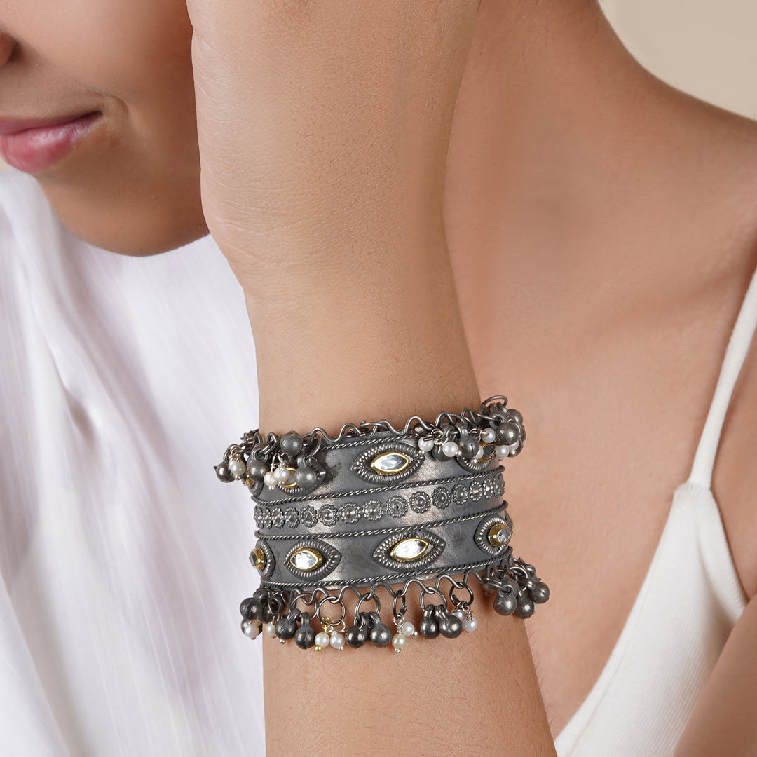 Teejh Freyal Ghungroo Silver Oxidised Bracelet