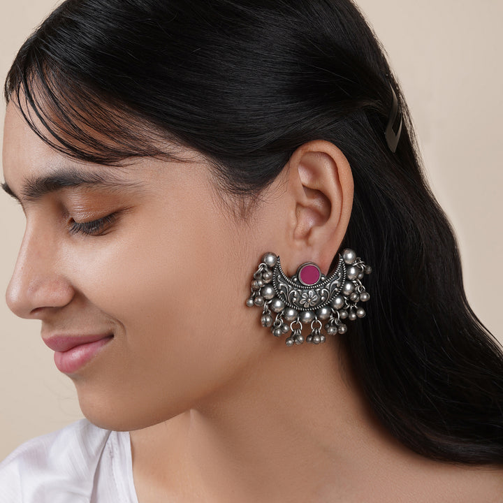 Teejh Harini Maroon Silver Oxidised Earrings