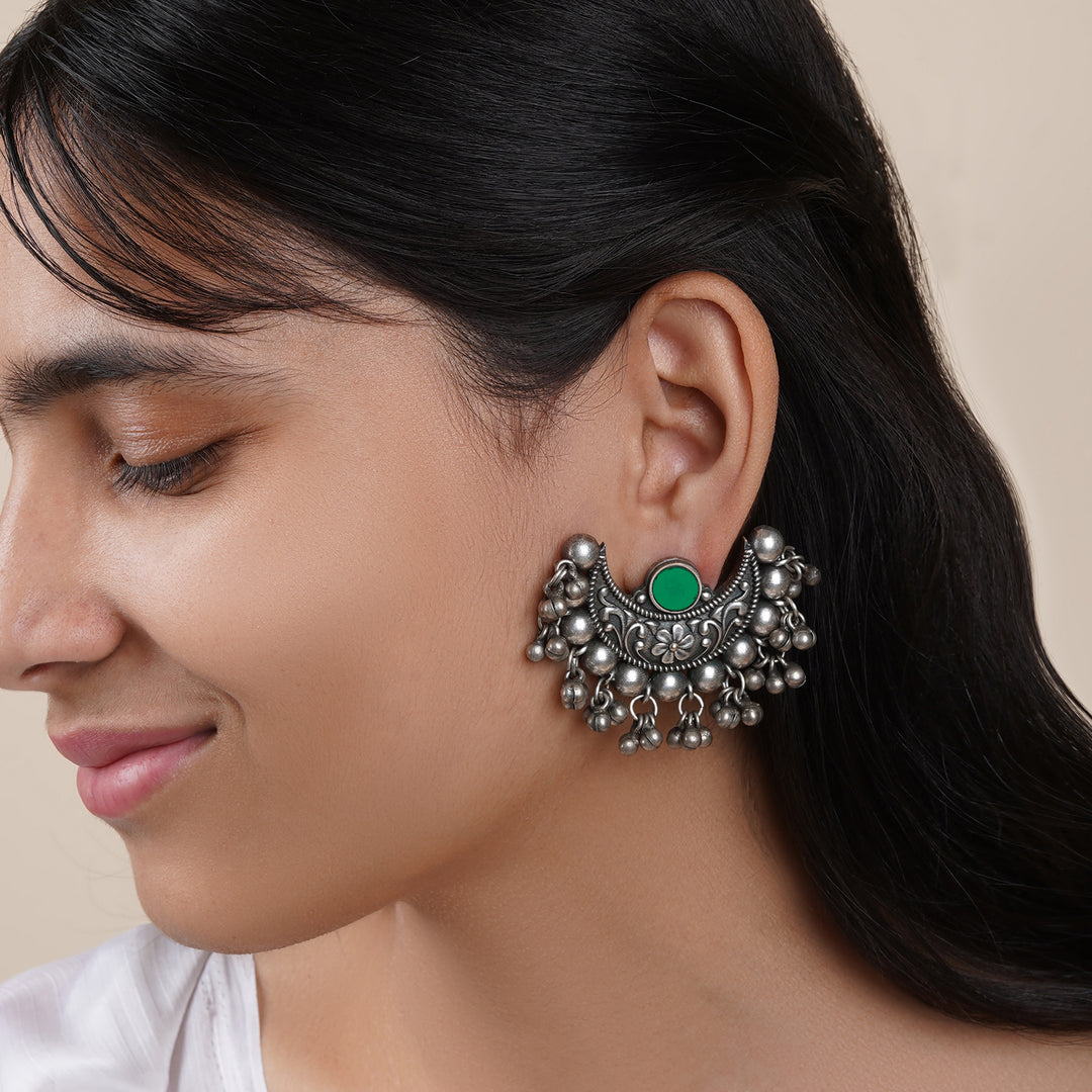 Teejh Harini Dark Green Silver Oxidised Earrings