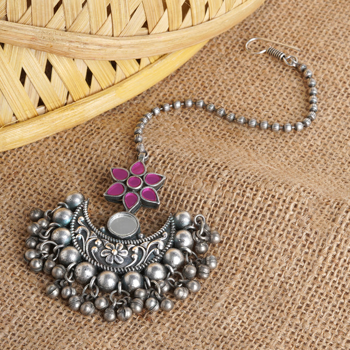 Teejh Iditri Maroon Silver Oxidised Maang Tika