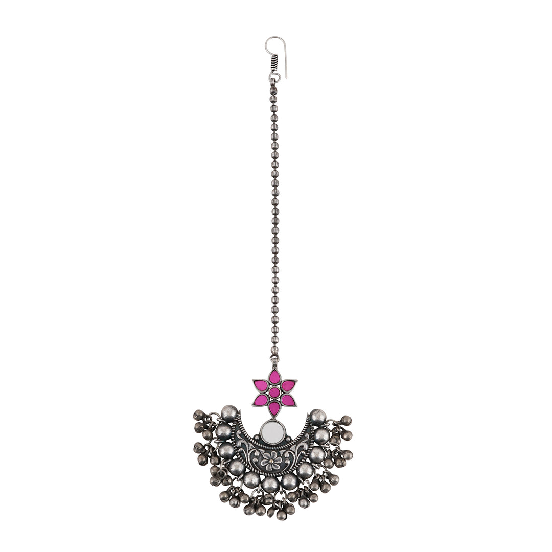 Teejh Iditri Maroon Silver Oxidised Maang Tika
