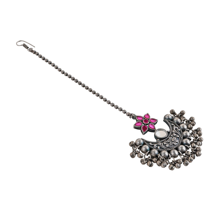 Teejh Iditri Maroon Silver Oxidised Maang Tika