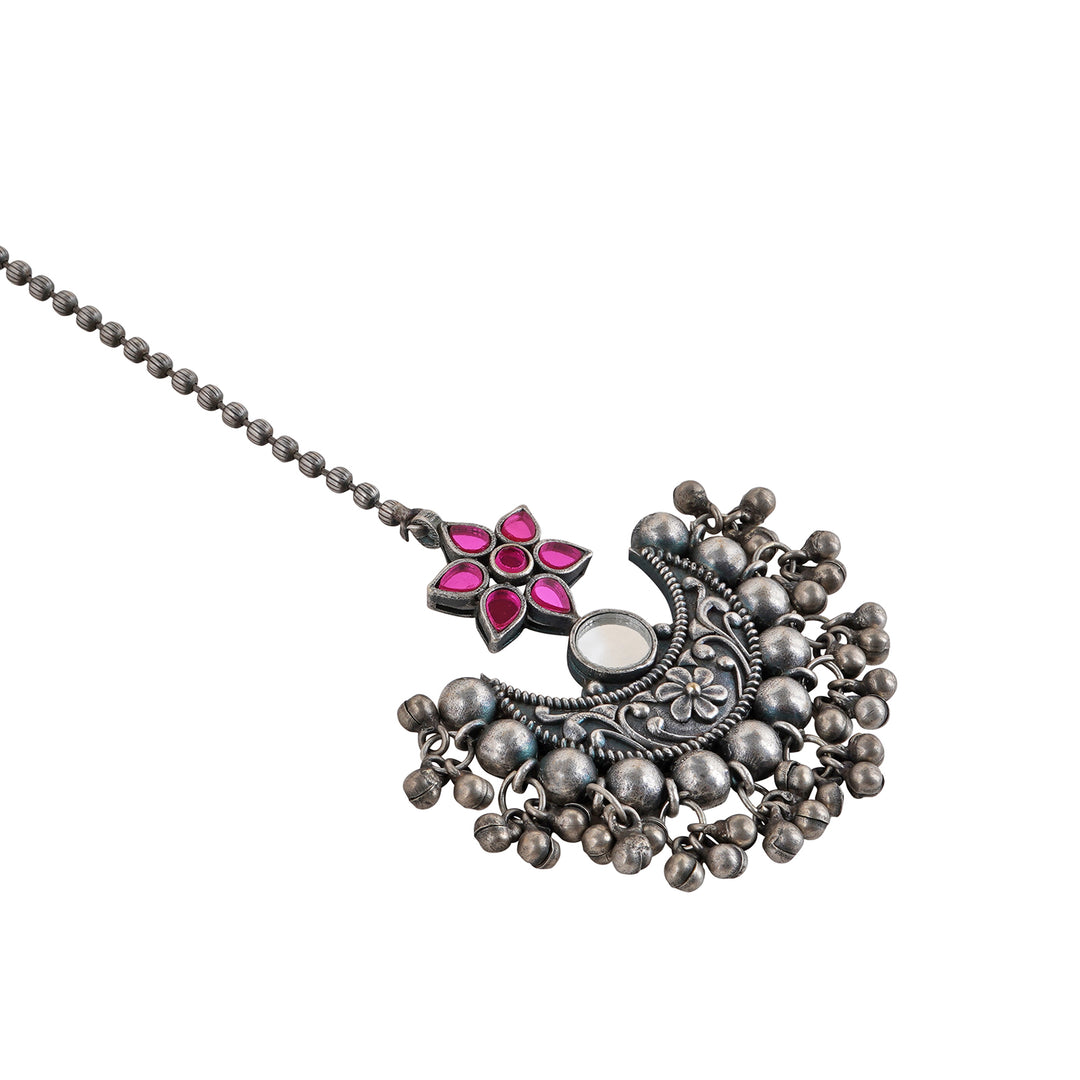 Teejh Iditri Maroon Silver Oxidised Maang Tika