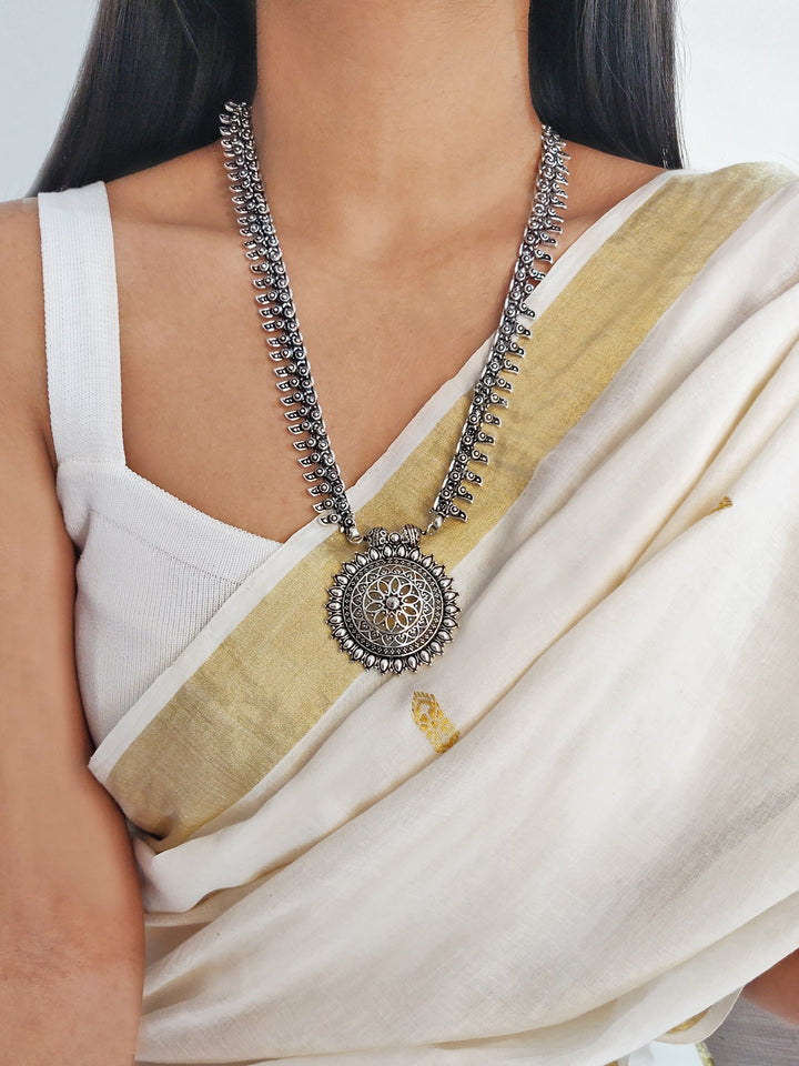 Kalpi Silver Oxidized Long Necklace - Teejh