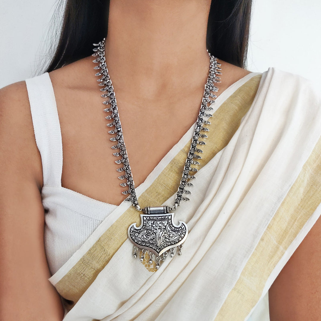 Mayra Silver Oxidized Long Necklace - Teejh