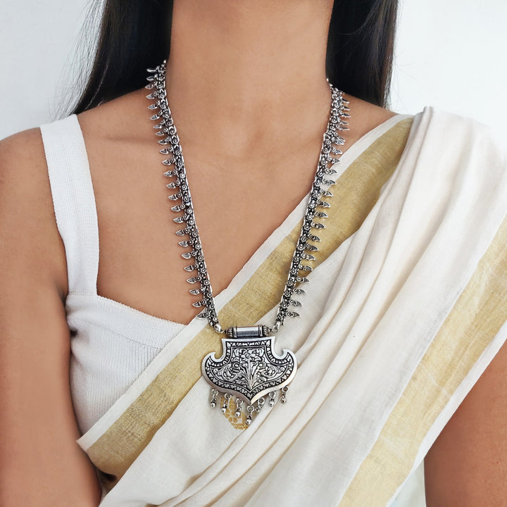 Mayra Silver Oxidized Long Necklace - Teejh
