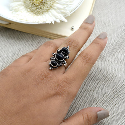 Veena Black Silver Oxidized Stone Ring - Teejh
