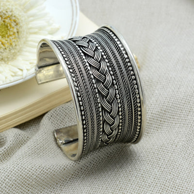 Madhu Braided Embossed Silver Oxidized Bracelet Cuff - Teejh